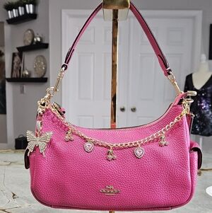 Coach Pink Pebbled Leather Nolita Shoulder Bag w/ Charm Chain & Crossbody Strap